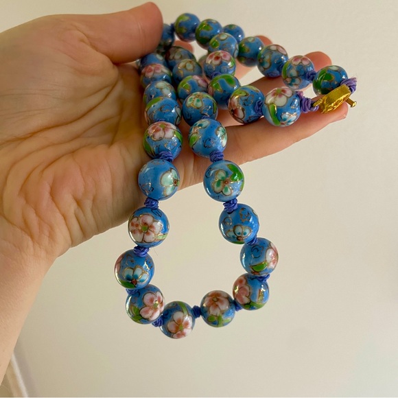 Mid Century Chinese Export Baby Blue Cloisonne Enamel Glass Gold Filled Necklace - Picture 2 of 9